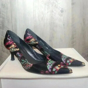 Stuart Weitzman 90s Vintage Kitten Heels Retro Colorful Printed Size 7SS Women's